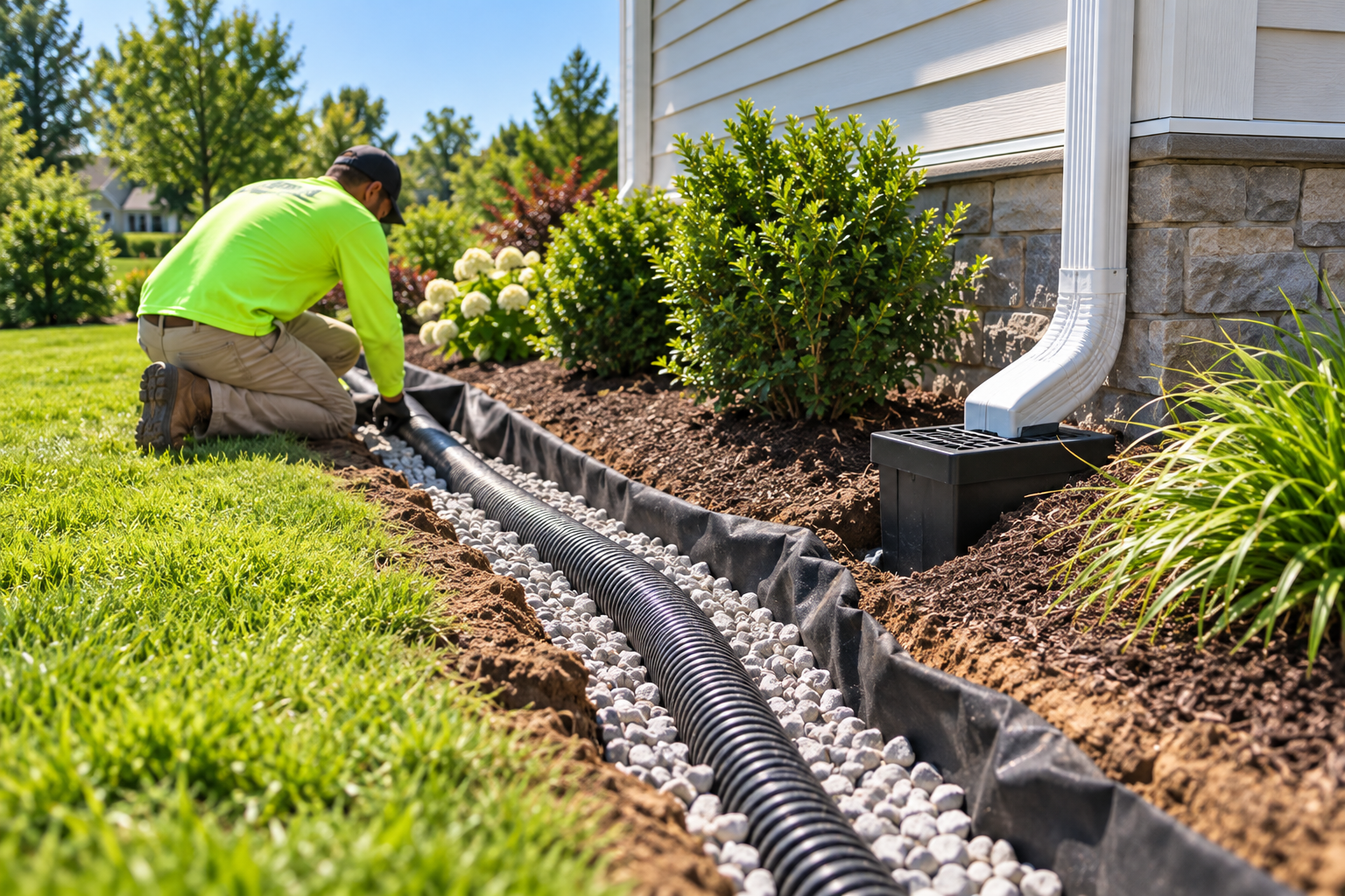 Worker installing a residential drainage system with corrugated pipe, gravel, and downspout connection