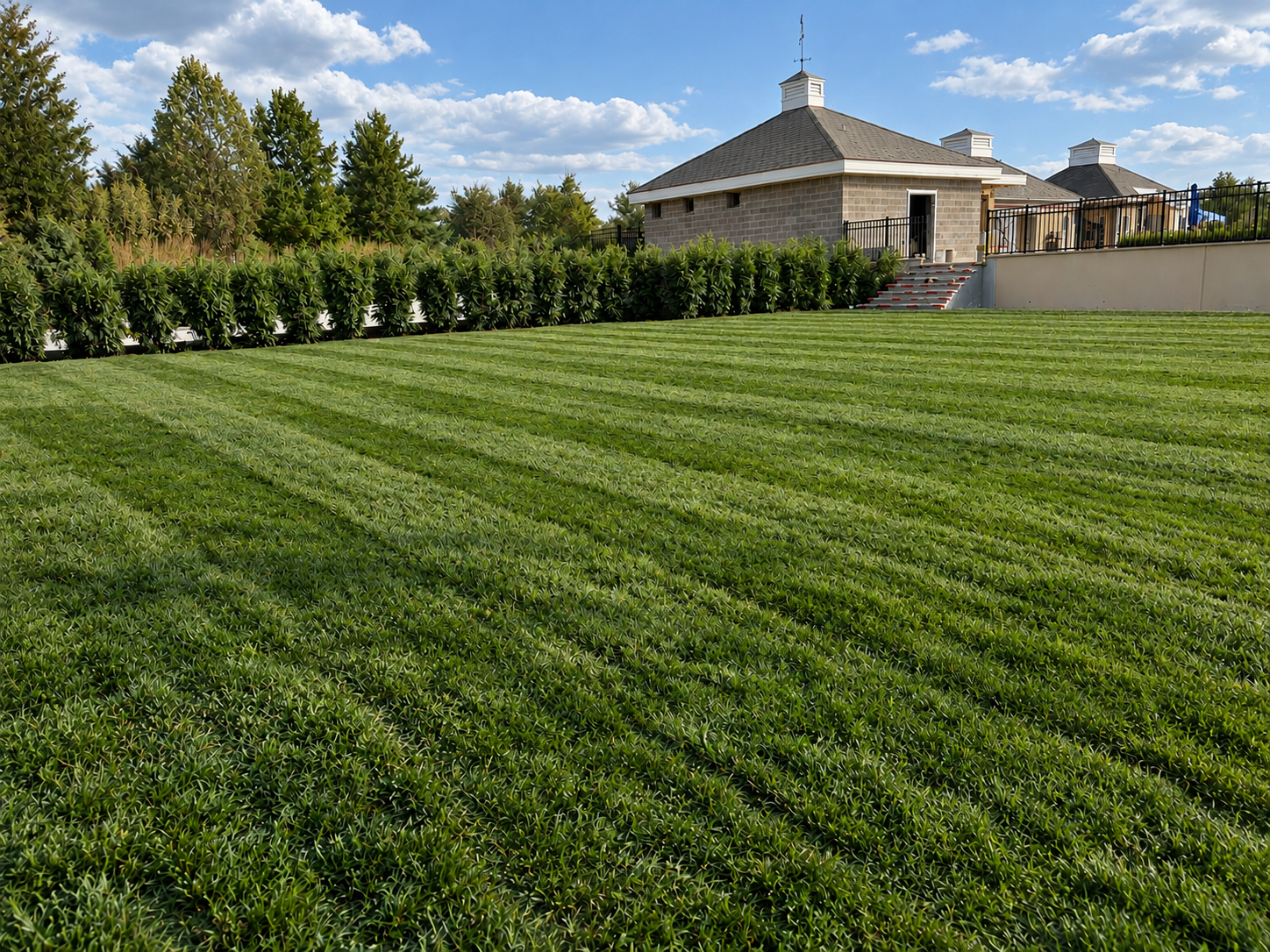 Expansive green lawn with freshly installed sod, bordered by landscaped shrubs and a stone building with a raised terrace.