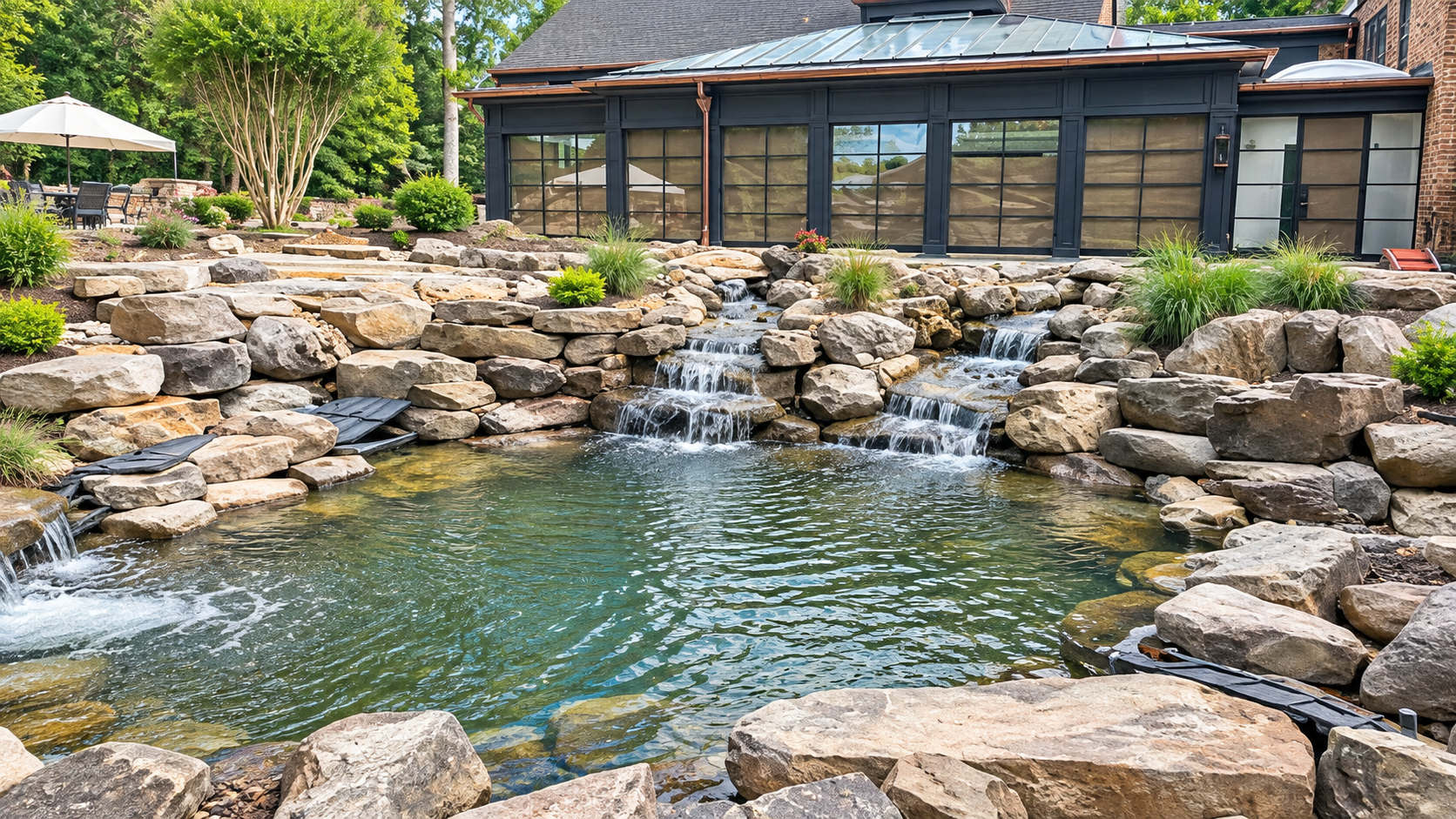 Natural stone pond with small cascading waterfalls and landscaped surroundings.