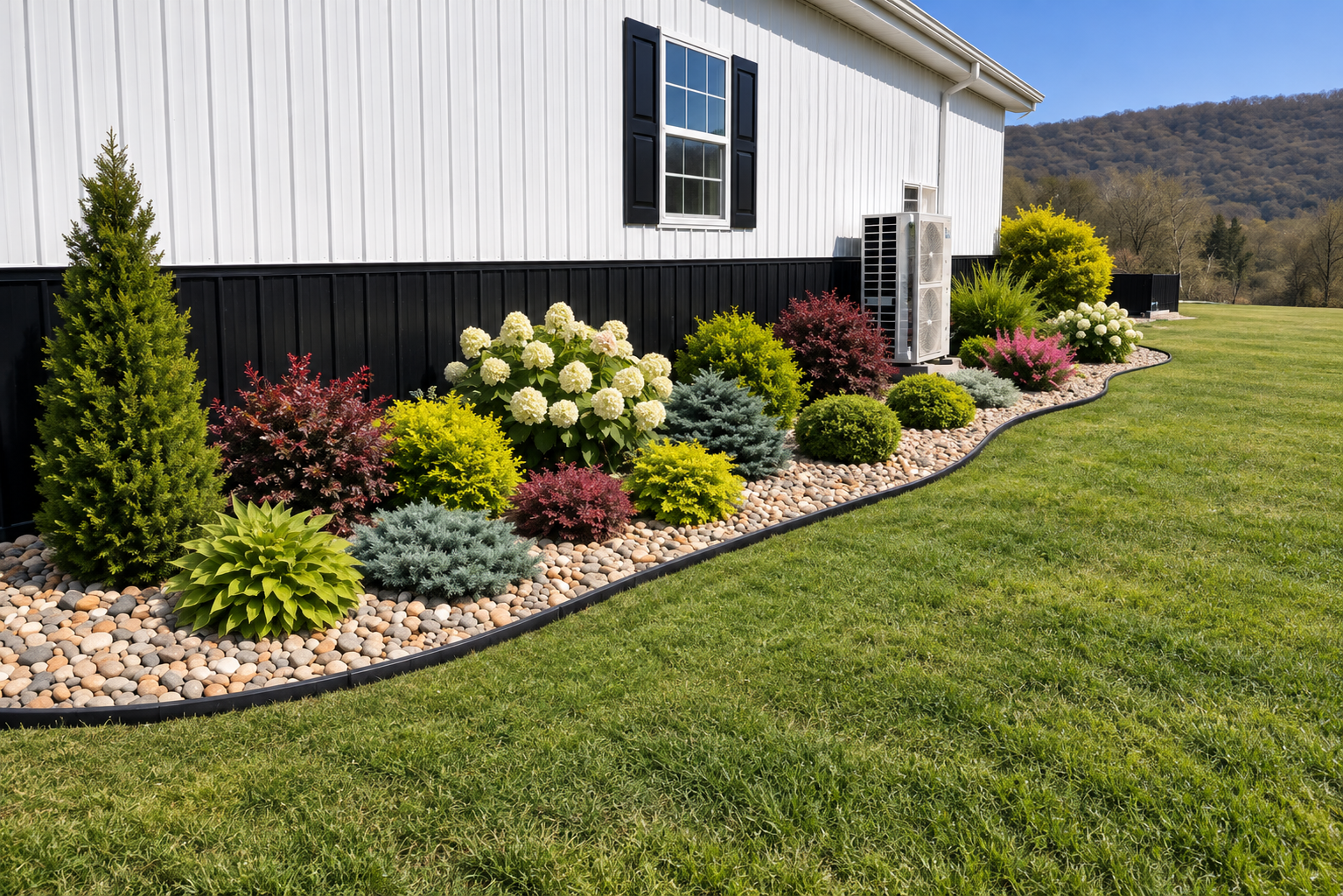 Curved landscaped garden bed with flowering plants, ornamental shrubs, decorative stone ground cover, and adjoining lawn.