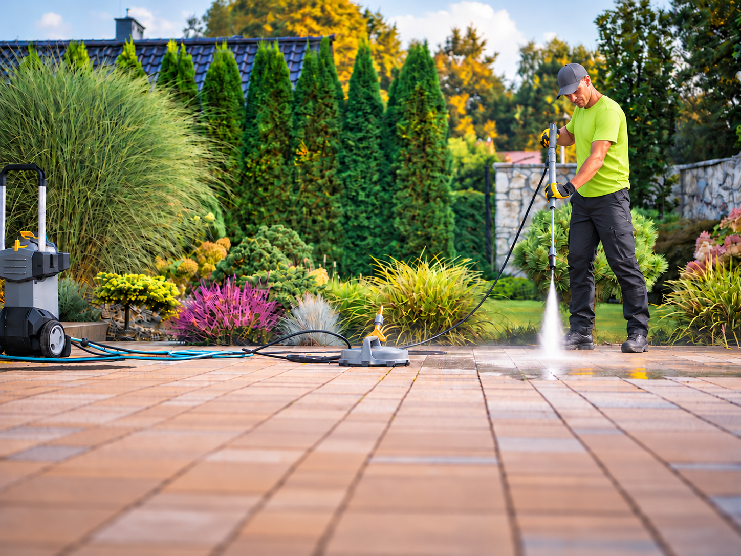 Worker power washing a residential patio surrounded by landscaped shrubs and ornamental grasses.