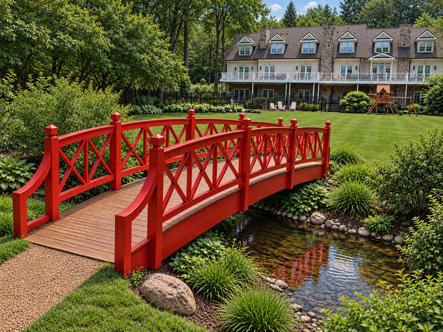 Red-painted wooden pedestrian bridge with decorative cross-braced railings spanning a small stream.