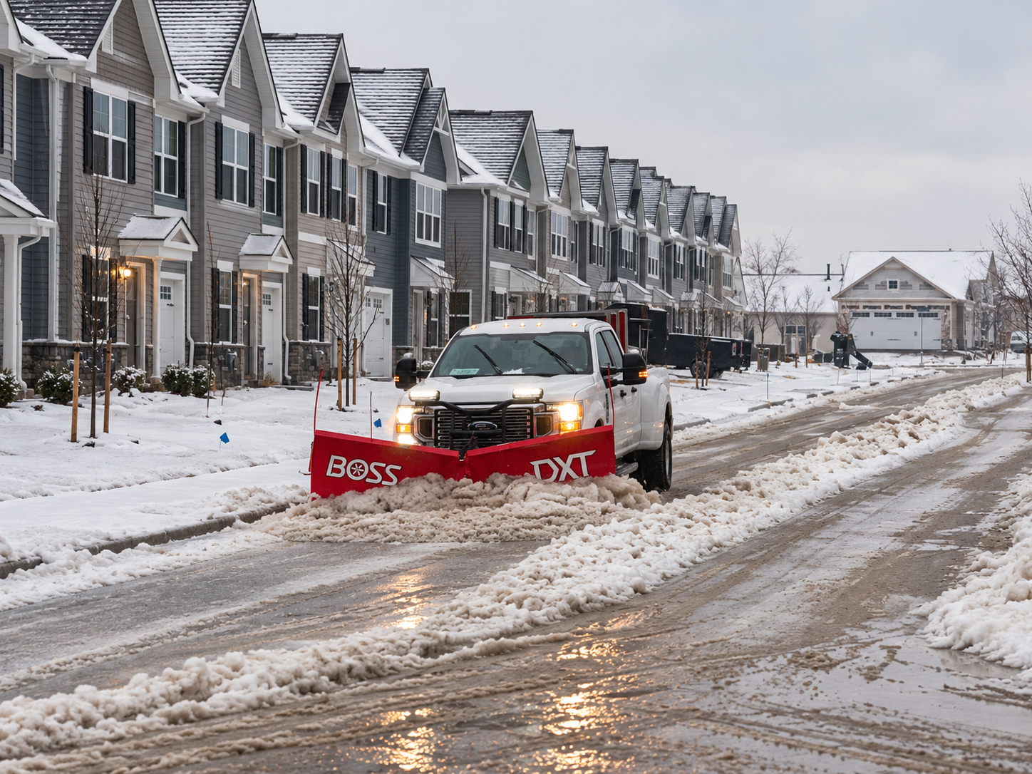 Pickup truck equipped with a front-mounted snowplow clearing snow from a residential street lined with townhomes.