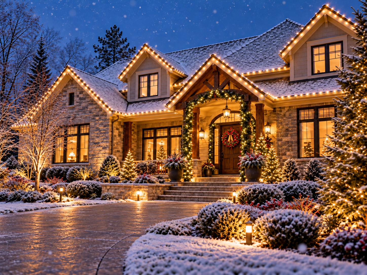 Holiday-decorated home with warm roofline lights, wreaths, garland, and a light dusting of snow at dusk