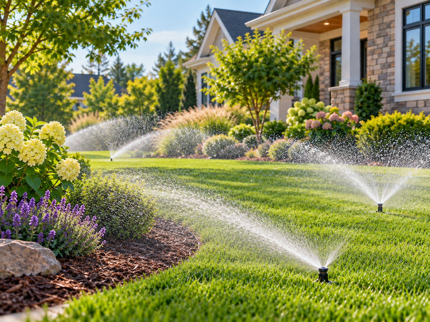 Sprinklers watering a landscaped residential lawn with shrubs, flowers, and planting beds.